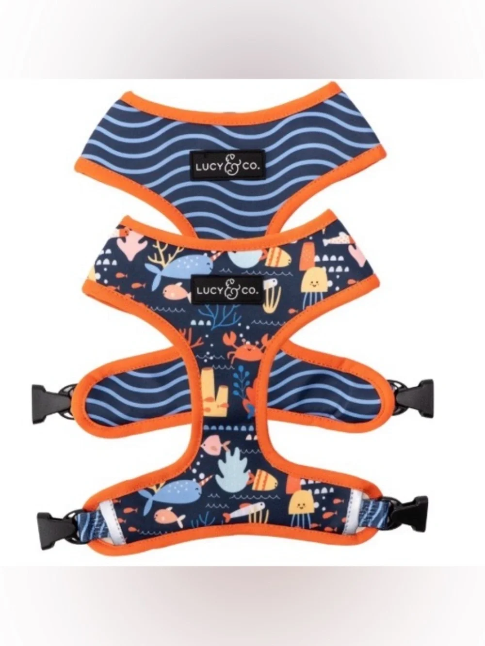 Lucy & Co Reversible Dog Harness Under the Sea Nautical Blue Orange Size L.